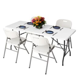 Novecrafto 6ft Folding Table & 4 Folding Chairs Set - Heavy-Duty HDPE, Steel Frames Camping Table & Chairs for Indoor/Outdoor Use in White - thumbnail 1