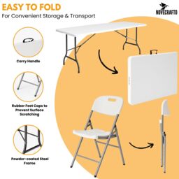 Novecrafto 6ft Folding Table & 4 Folding Chairs Set - Heavy-Duty HDPE, Steel Frames Camping Table & Chairs for Indoor/Outdoor Use in White - thumbnail 3