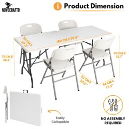 Novecrafto 6ft Folding Table & 4 Folding Chairs Set - Heavy-Duty HDPE, Steel Frames Camping Table & Chairs for Indoor/Outdoor Use in White - thumbnail 4