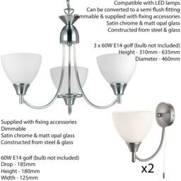 Loops 3 Lamp Ceiling & 2x Wall Light Pack Satin Chrome Glass Matching Indoor Fittings in Clear - thumbnail 2