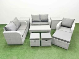 Fimous High Back Poly Rattan Garden Furniture Set w/ Reclining Chair Loveseat Sofa Oblong Coffee Table Indoor Outdoor Patio Set 3 Stools 2 Side Table - thumbnail 1