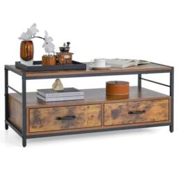 Gymax Industrial Coffee Table Wooden Center Table With 2 Drawers Open Shelf in Brown - thumbnail 1