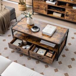Gymax Industrial Coffee Table Wooden Center Table With 2 Drawers Open Shelf in Brown - thumbnail 3
