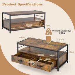 Gymax Industrial Coffee Table Wooden Center Table With 2 Drawers Open Shelf in Brown - thumbnail 2