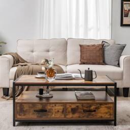 Gymax Industrial Coffee Table Wooden Center Table With 2 Drawers Open Shelf in Brown - thumbnail 4