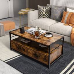Gymax Industrial Coffee Table Wooden Center Table With 2 Drawers Open Shelf in Brown - thumbnail 5