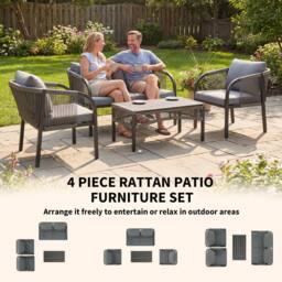 OUTSUNNY 4 Piece Rattan Garden Furniture Set w/ Steel Frame, Cushions, Grey in Dark Grey - Size: 3 Seater - thumbnail 4