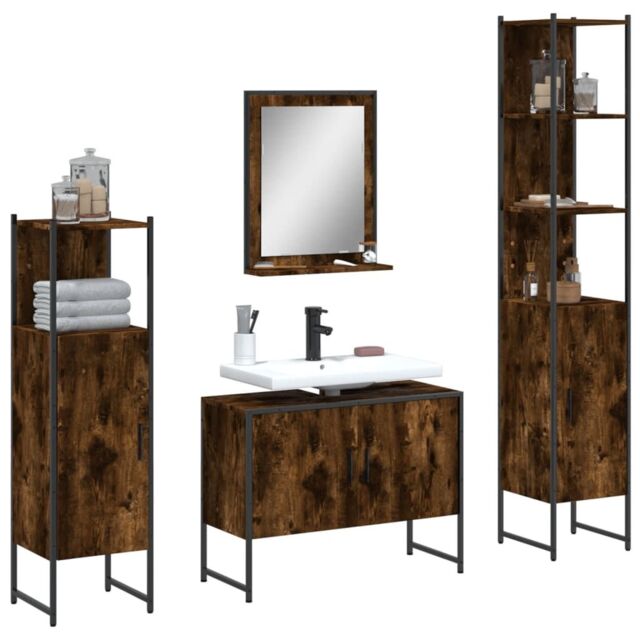 Berkfield Home 4 Piece Bathroom Cabinet Set Smoked Oak Engineered Wood in Brown - image 1