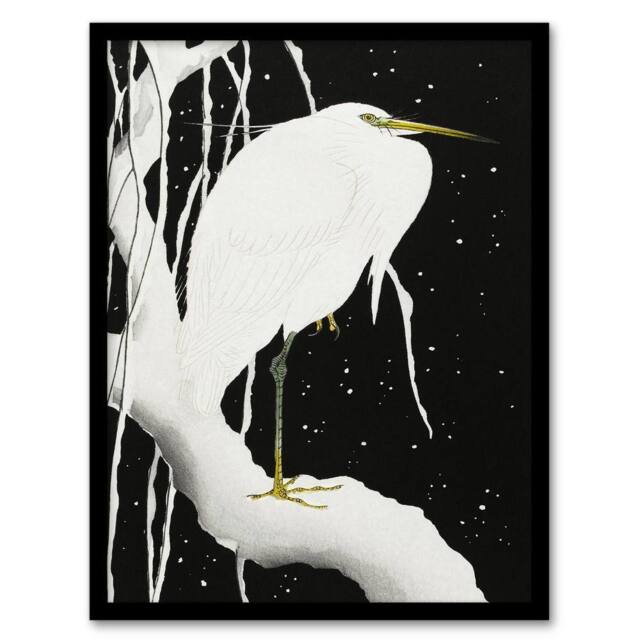 Artery8 Heron In Snow Covered Tree Branch Japanese Framed Wall Art Print Koson in Black - Size: A4 - image 1