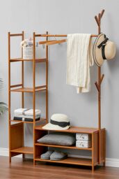 Living and Home 162CM Bamboo Clothes Garment Rack with Storage Shelves Bedroom Classic Style in Brown - thumbnail 1