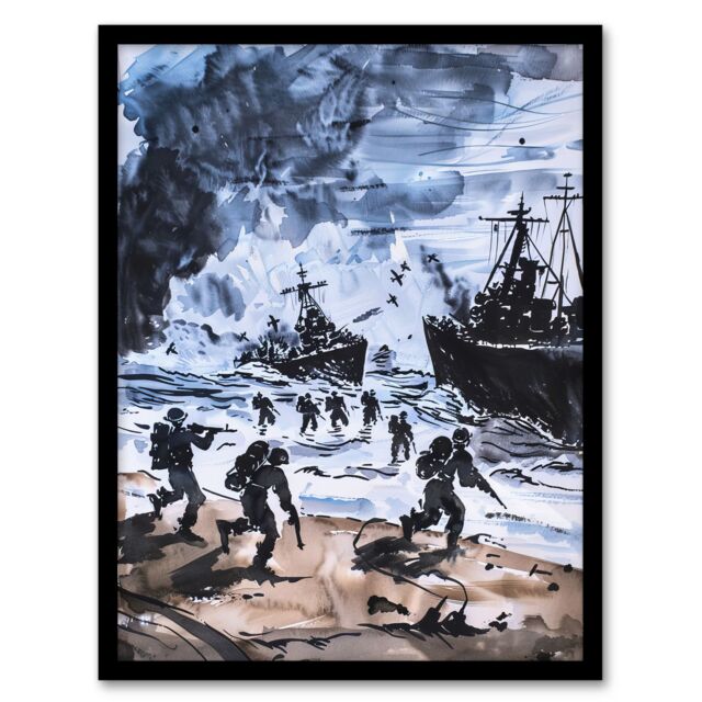 Artery8 D Day Normandy Landing 1944 WWII Watercolour Framed Wall Art in Dark Grey - Size: A4 - image 1