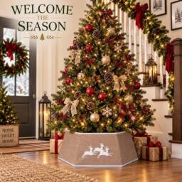 Shatchi 26.8 Inch Hexagonal Fabric Christmas Tree Collar in Grey, Foldable Tree Stand Cover in Green - thumbnail 9