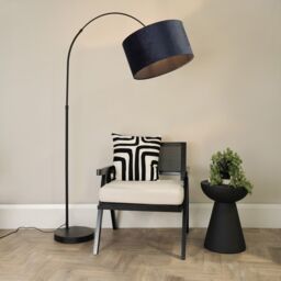 ValueLights Louis Black Arched Curved Floor Lamp with Velvet Drum Lamp Shade & LED Bulb in Navy - thumbnail 1
