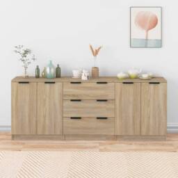 Berkfield Home Decorative 3 Piece Sideboards Sonoma Oak Engineered Wood in Light Tan - thumbnail 2