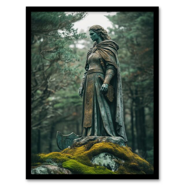 Artery8 Viking Shield Maiden Warrior Statue in Forest Framed Art Print in Green - Size: A4 - image 1