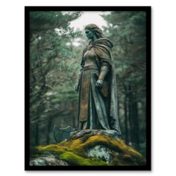 Artery8 Viking Shield Maiden Warrior Statue in Forest Framed Art Print in Green - Size: A4 - thumbnail 1