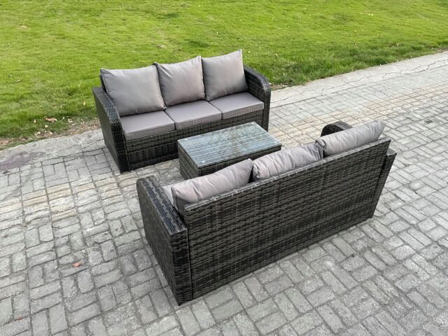 Fimous Outdoor Garden Furniture Sets 6 Seater Wicker Rattan Furniture Sofa Sets with Rectangular Coffee Table 3 Seater Sofa in Dark Grey - image 1