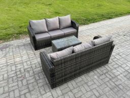 Fimous Outdoor Garden Furniture Sets 6 Seater Wicker Rattan Furniture Sofa Sets with Rectangular Coffee Table 3 Seater Sofa in Dark Grey