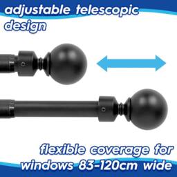 Harbour Housewares Extendable Metal Ball Curtain Pole Kit - 83 to 120cm in Black - thumbnail 4