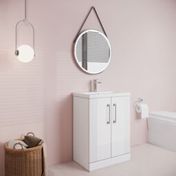 Balterley Floor Standing 2 Door Vanity Unit - Mid-Edge Basin 600mm, Satin White - thumbnail 4