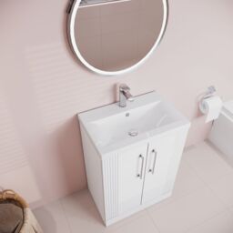 Balterley Floor Standing 2 Door Vanity Unit - Mid-Edge Basin 600mm, Satin White - thumbnail 3