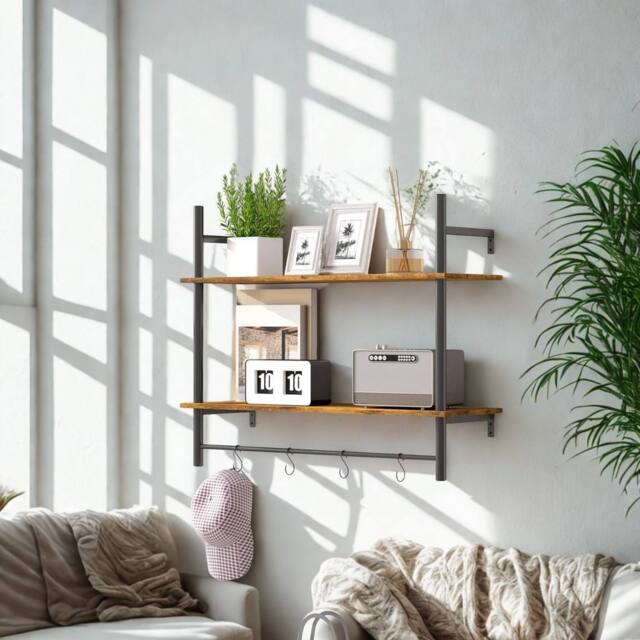 FURNOS 2 Tier Wall Mounted Floating Shelf With Hanging Rail & Hooks in Brown - image 1