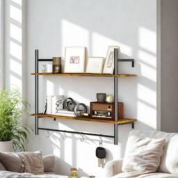 FURNOS 2 Tier Wall Mounted Floating Shelf With Hanging Rail & Hooks in Brown - thumbnail 3