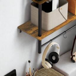 FURNOS 2 Tier Wall Mounted Floating Shelf With Hanging Rail & Hooks in Brown - thumbnail 6