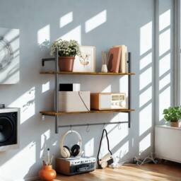 FURNOS 2 Tier Wall Mounted Floating Shelf With Hanging Rail & Hooks in Brown - thumbnail 8