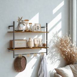FURNOS 2 Tier Wall Mounted Floating Shelf With Hanging Rail & Hooks in Brown - thumbnail 5