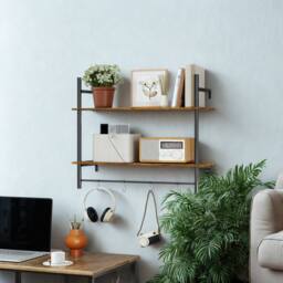 FURNOS 2 Tier Wall Mounted Floating Shelf With Hanging Rail & Hooks in Brown - thumbnail 4