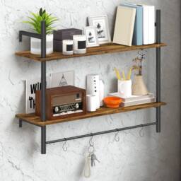 FURNOS 2 Tier Wall Mounted Floating Shelf With Hanging Rail & Hooks in Brown - thumbnail 7