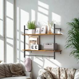FURNOS 2 Tier Wall Mounted Floating Shelf With Hanging Rail & Hooks in Brown - thumbnail 2