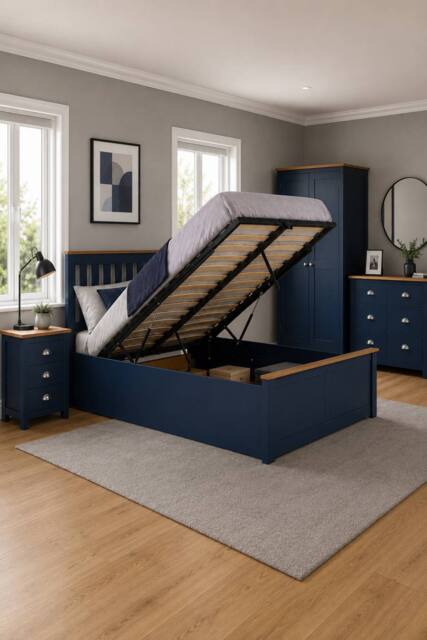 Birlea Small Double Ottoman Bed Navy Blue Aspen Wood Frame Storage 4FT Oak - image 1