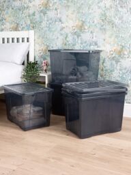 Wham Crystal 4 x 80L Stackable Plastic Storage Boxes with Lids in Black