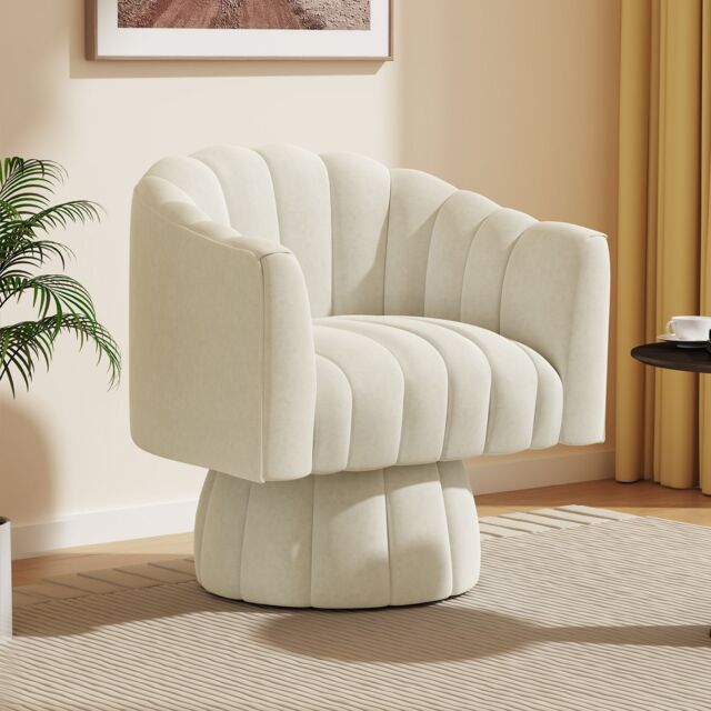 SEYNAR Velvet Swivel Barrel Chair with Round Arms & Upholstered Seat in Beige - image 1