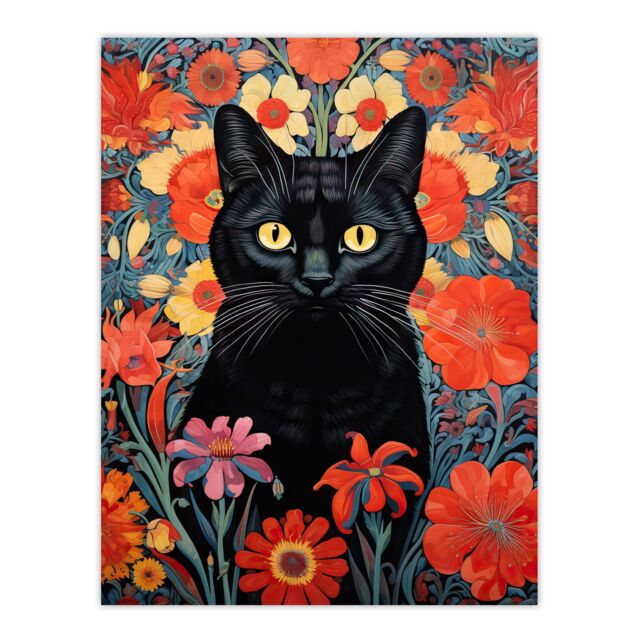 Artery8 Stylish Black Cat On Red Flowers Floral Design Illustration Lucky Witch Large Wall Unframed Art Poster Print Thick Paper 18X24 Inch - image 1
