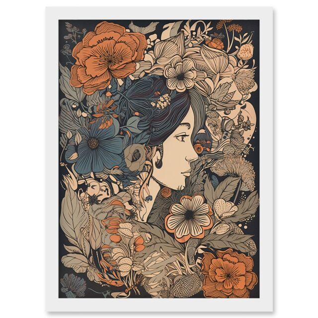 Artery8 Woman Floral Profile Portrait Boho Art Nouveau Artwork Framed Wall Art Print A4 in White - image 1