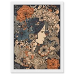 Artery8 Woman Floral Profile Portrait Boho Art Nouveau Artwork Framed Wall Art Print A4 in White - thumbnail 1