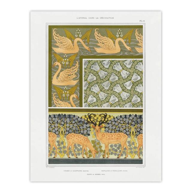 "Artery8 Swans Butterflies Deer Patterns Vintage Wall Art Print Verneuil in Green - Size: W12"" x H16""" - image 1