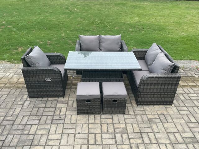Fimous Wicker PE Rattan Furniture Garden Dining Set Outdoor Height Adjustable Rising lifting Table Love Sofa With Reclining Chair in Dark Grey - image 1