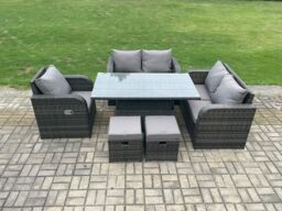 Fimous Wicker PE Rattan Furniture Garden Dining Set Outdoor Height Adjustable Rising lifting Table Love Sofa With Reclining Chair in Dark Grey - thumbnail 1