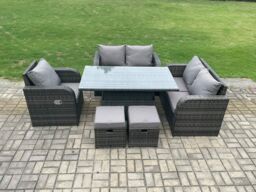 Fimous Wicker PE Rattan Furniture Garden Dining Set Outdoor Height Adjustable Rising lifting Table Love Sofa With Reclining Chair in Dark Grey - thumbnail 2