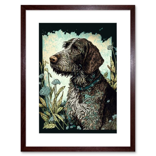 "Artery8 Wall Art Print German Wirehead Pointer Dog & Blue Wildflowers Modern Portrait Artwork Framed 9X7 Inch in Brown - Size: W7"" x H9""" - image 1
