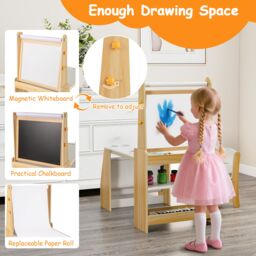 Gymax Art Activity Table & Chair Set With Easel & Chair 2-Tier Bookshelf in Light Khaki - thumbnail 7