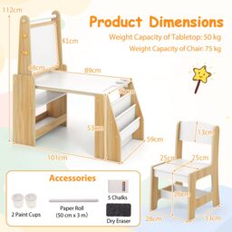 Gymax Art Activity Table & Chair Set With Easel & Chair 2-Tier Bookshelf in Light Khaki - thumbnail 2