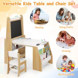 Gymax Art Activity Table & Chair Set With Easel & Chair 2-Tier Bookshelf in Light Khaki - thumbnail 3