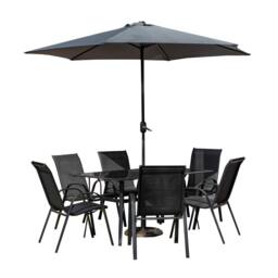 Samuel Alexander 6 Person Rectangular Glass Top Garden Dining Table Chairs With Beige Banana Parasol & Base in Grey - thumbnail 9
