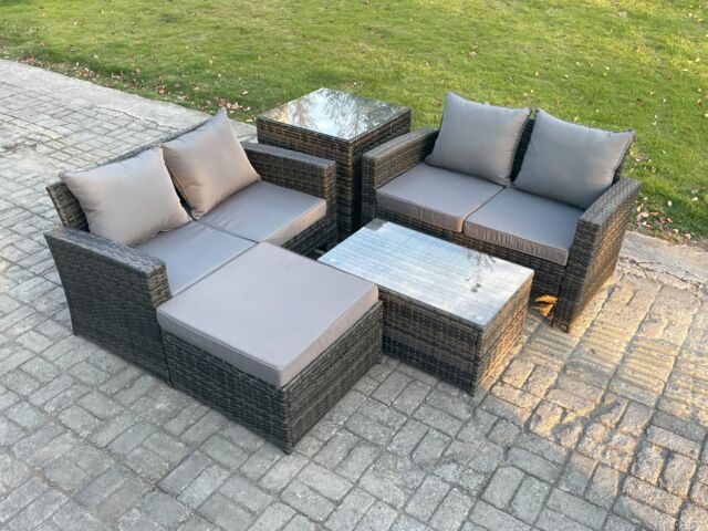 Fimous Wicker Rattan Garden Furniture Sofa Set with Rectangular Coffee Table Double Seat Sofa Big Footstool Side Table 5 Seater in Dark Grey - image 1
