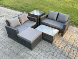 Fimous Wicker Rattan Garden Furniture Sofa Set with Rectangular Coffee Table Double Seat Sofa Big Footstool Side Table 5 Seater in Dark Grey - thumbnail 1